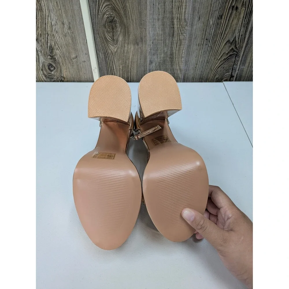 Glam Metallic Platform Heels Womens 8 Rose Gold Block Heel Ankle Strap Disco